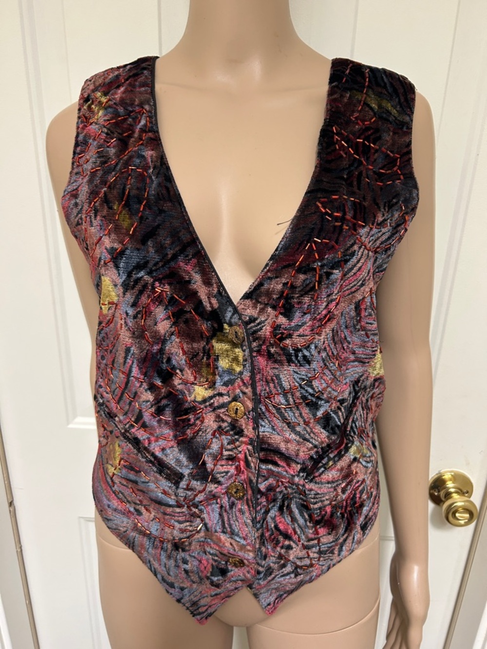 Vintage 90’s Velvet V-Neck Beaded Rich Multicolor Vest Small